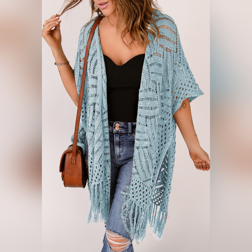 Openwork Open Front Cardigan with Fringes - Picture 1 of 4